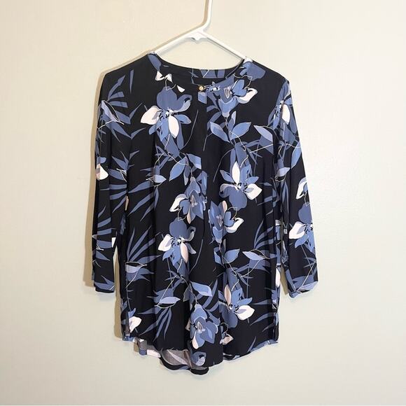 Liz Claiborne Floral Round Neck Long Sleeve Button Front Blouse Black Small - Picture 1 of 10